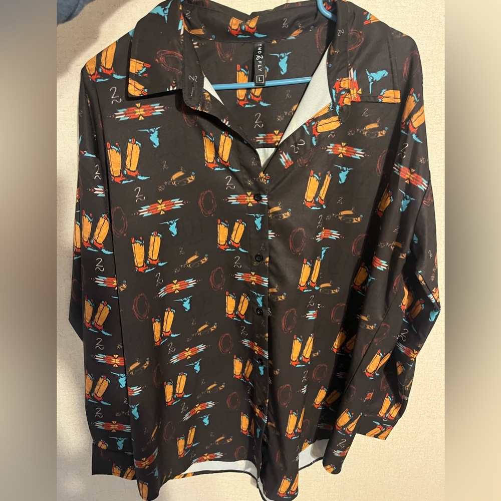 Stylish Black Multicolor Patterned Women's Button Down Shirt
